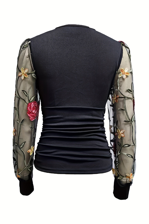 V-Neck Mesh Sleeve Flower Embroidered Shirt