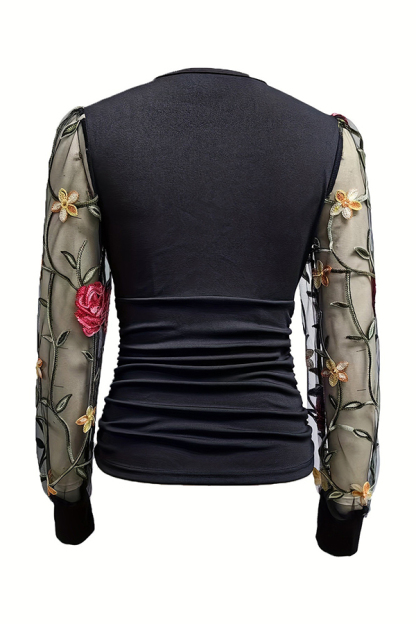 V-Neck Mesh Sleeve Flower Embroidered Shirt