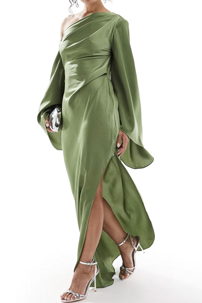 Satin Off-Shoulder Trumpet Sleeve Slit Maxi Dress