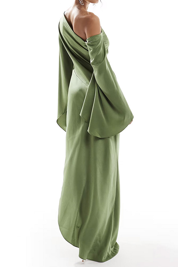 Satin Off-Shoulder Trumpet Sleeve Slit Maxi Dress