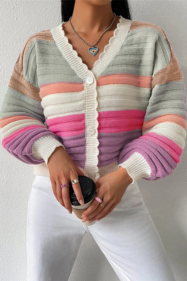 Colorblock Lantern Sleeve Cardigan