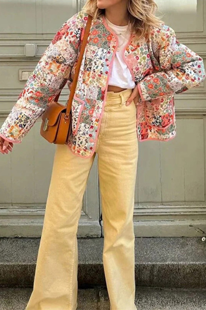 Floral Panel Quilted Button-Down Jacket