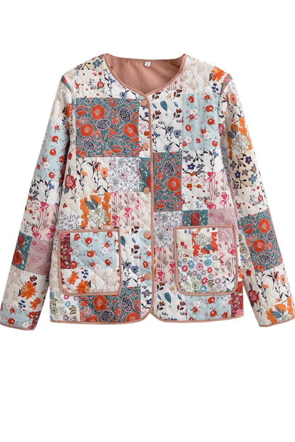 Floral Panel Quilted Button-Down Jacket