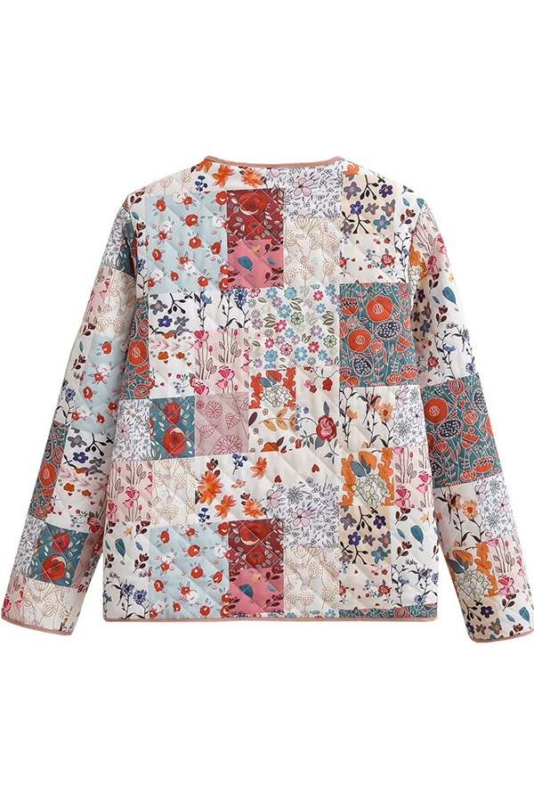 Floral Panel Quilted Button-Down Jacket