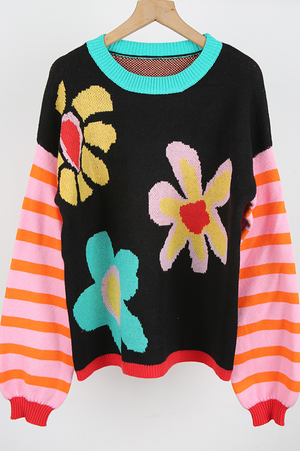 Colorful Floral Striped Sweater