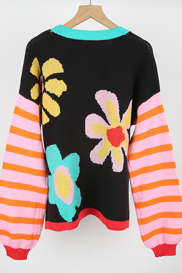 Colorful Floral Striped Sweater