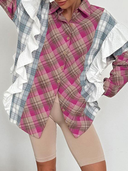 Contrast Check Ruffled Shirt