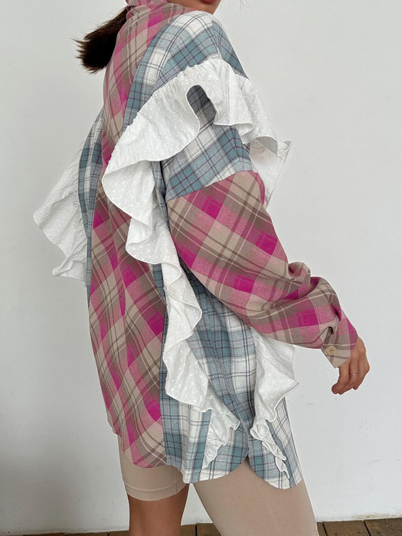 Contrast Check Ruffled Shirt