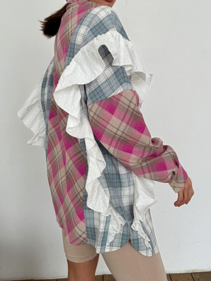 Contrast Check Ruffled Shirt