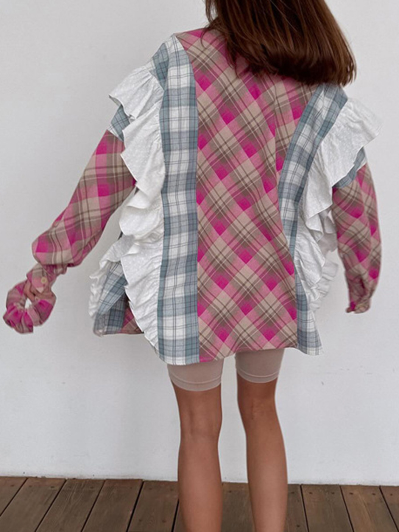 Contrast Check Ruffled Shirt