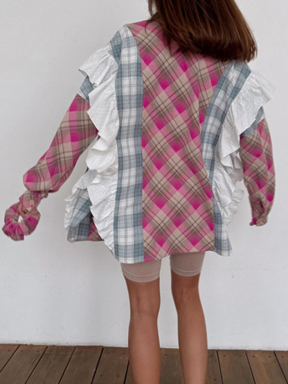 Contrast Check Ruffled Shirt