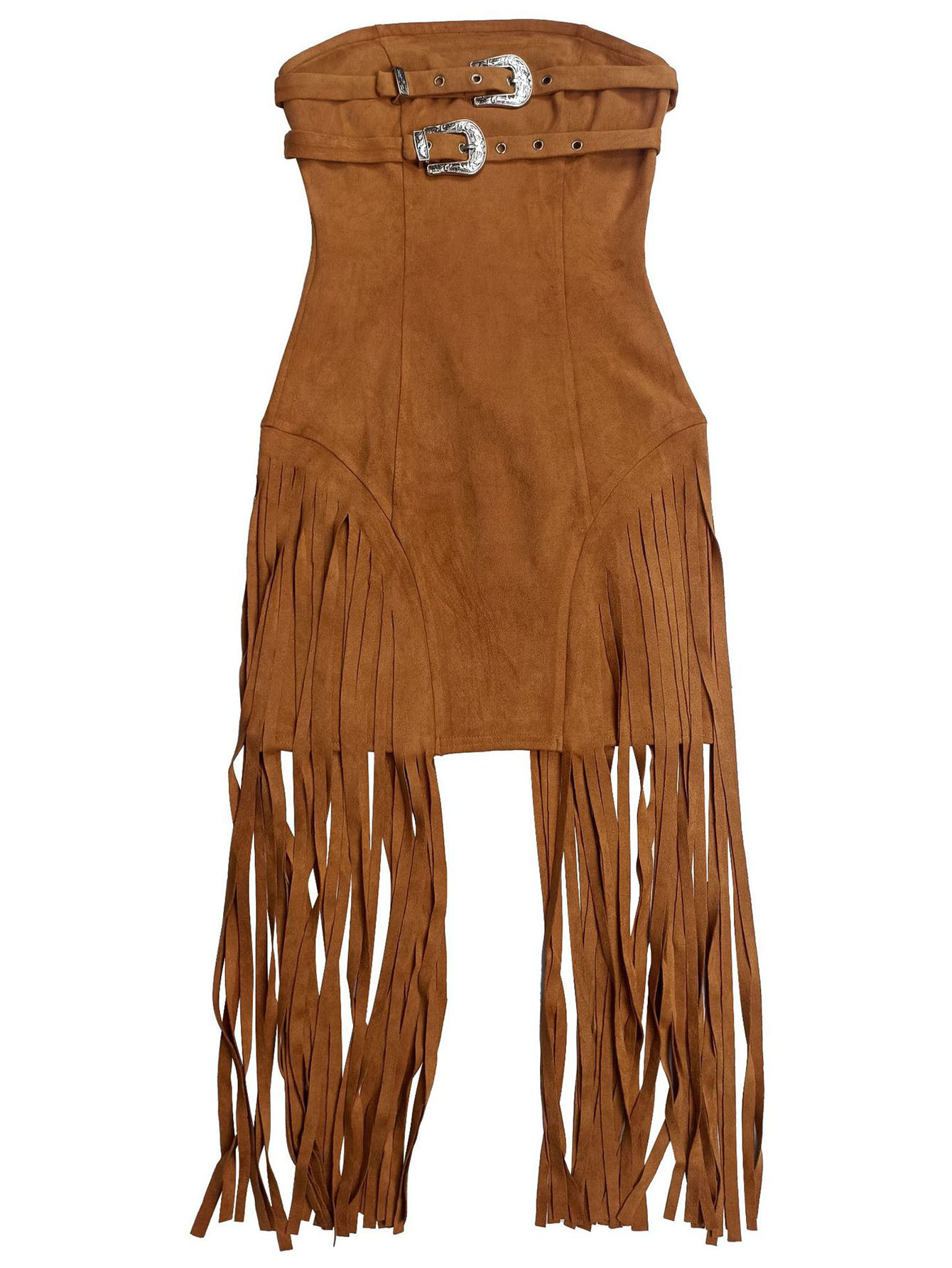 Strapless Belt Tassel Suede Midi Dress
