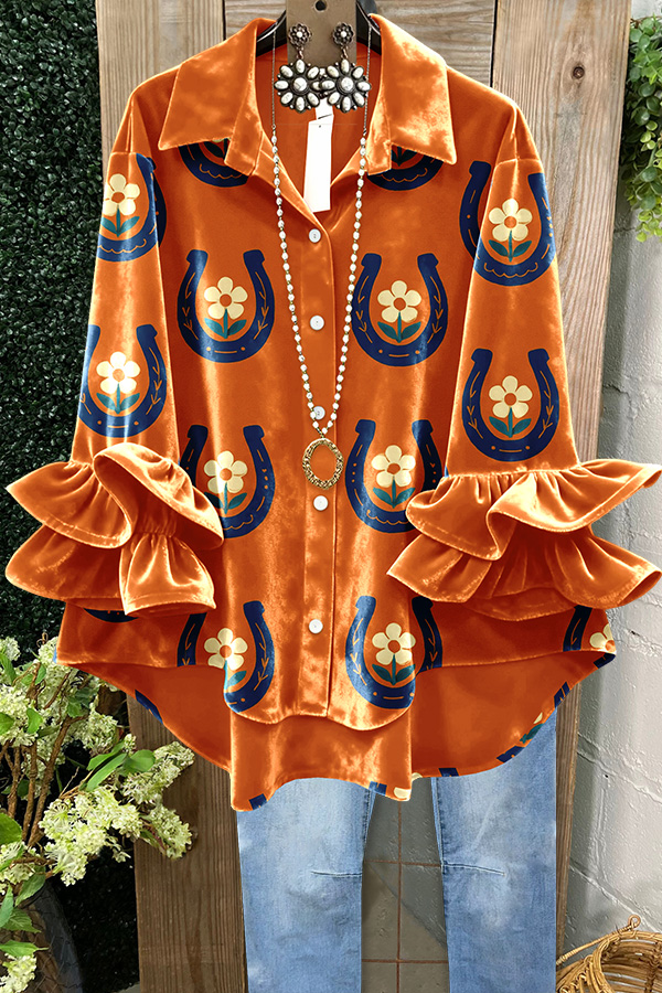 Velvet Floral Horseshoe Ruffle Top