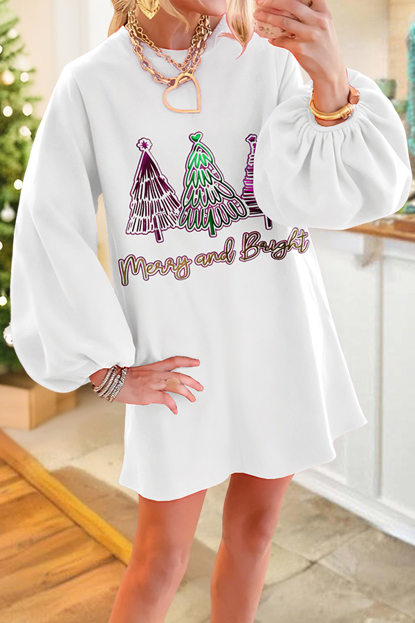 Christmas Tree Merry And Bright Puff Sleeve Sweatshirt Dress