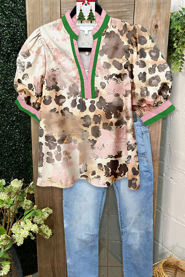 Christmas Pink Leopard Print Puff Sleeve Blouse