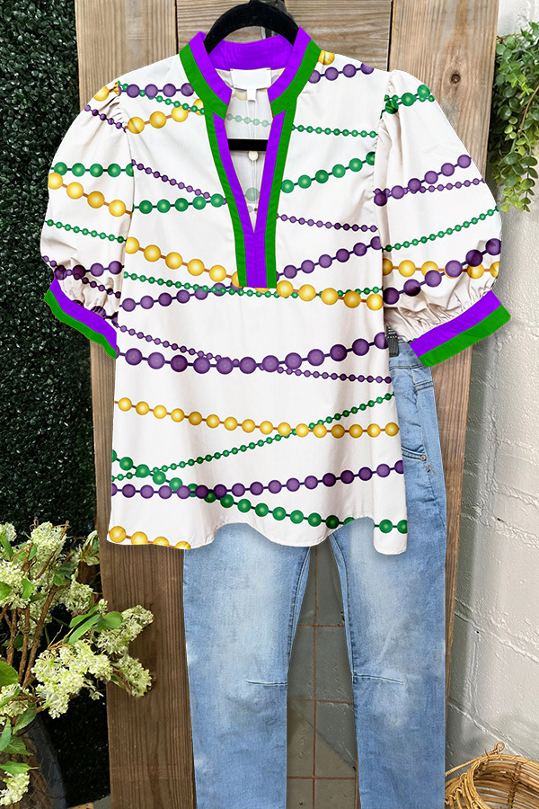 Mardi Gras Chain Puff Sleeve Blouse