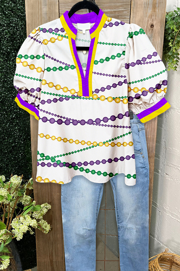 Mardi Gras Chain Puff Sleeve Blouse