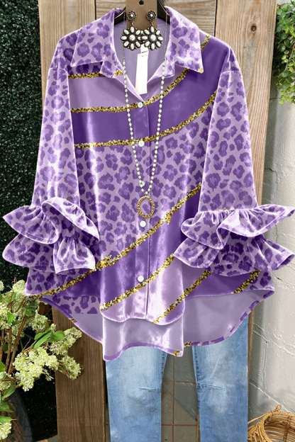 Mardi Gras Leopard Print Ruffled Velvet Top