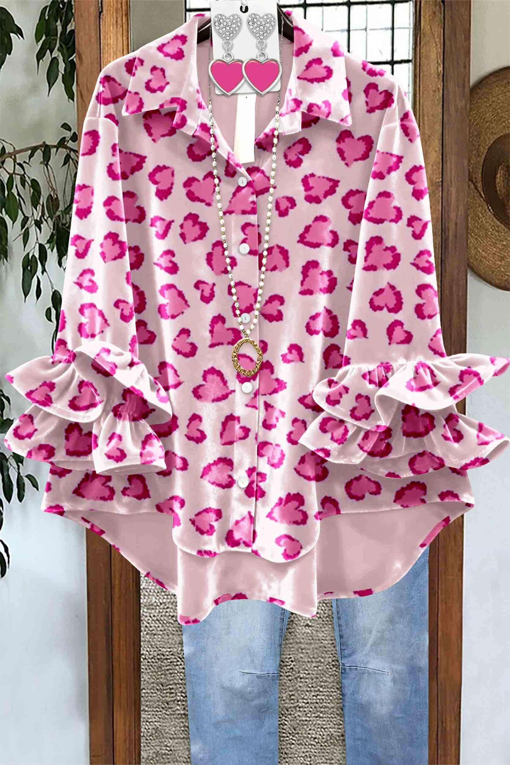 Valentine's Day Heart-Patterned Leopard Print Velvet Top