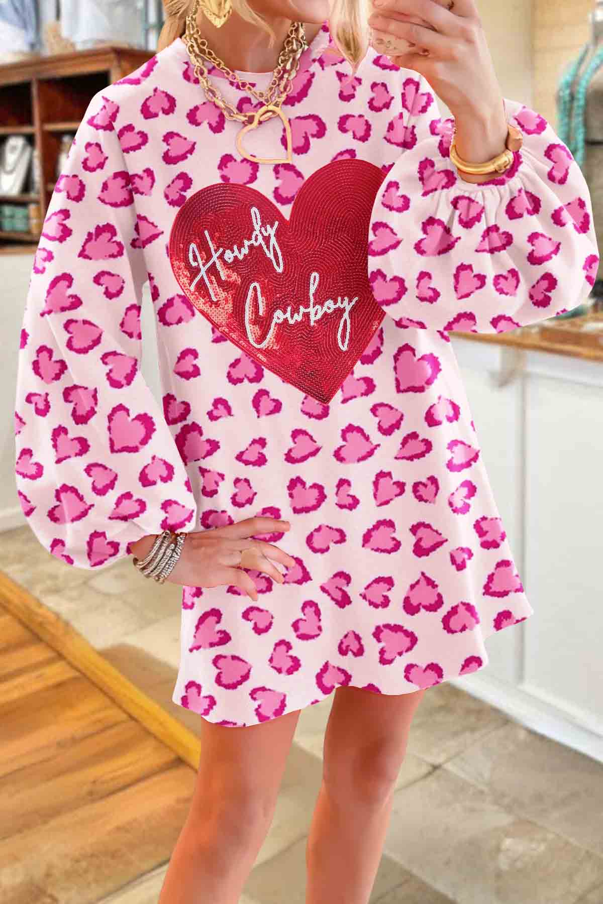 Valentine's Day Heart Leopard Print Puff Sleeve Dress