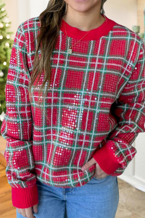Shiny Red And Green Plaid Christmas Sweatshirt