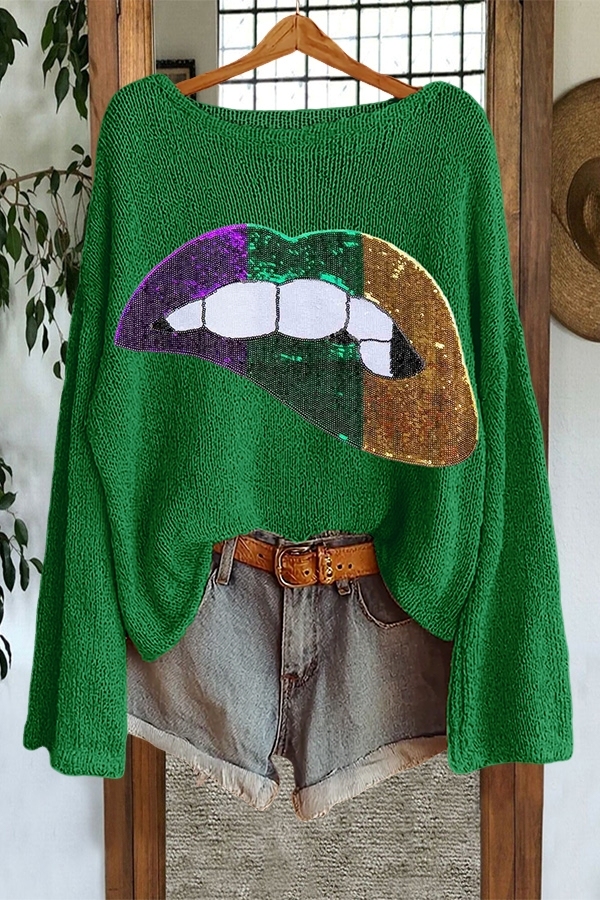 Mardi Gras Glitter Lip Sweater