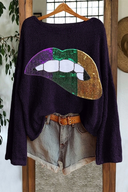 Mardi Gras Glitter Lip Sweater