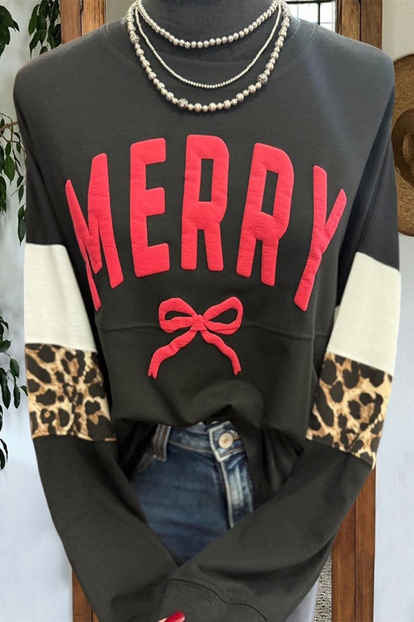 Merry Bow Leopard Print Sweatshirt