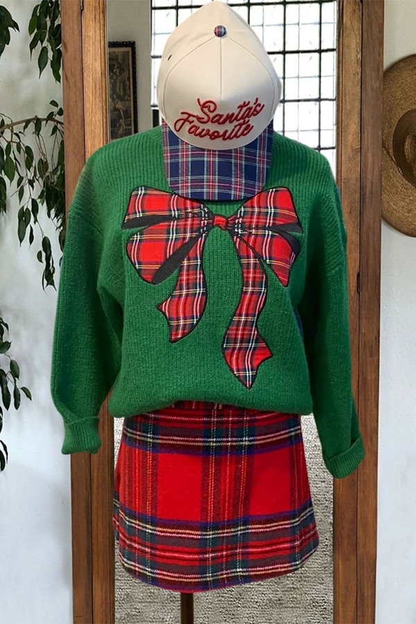 Classic Christmas Plaid Bow Sweater