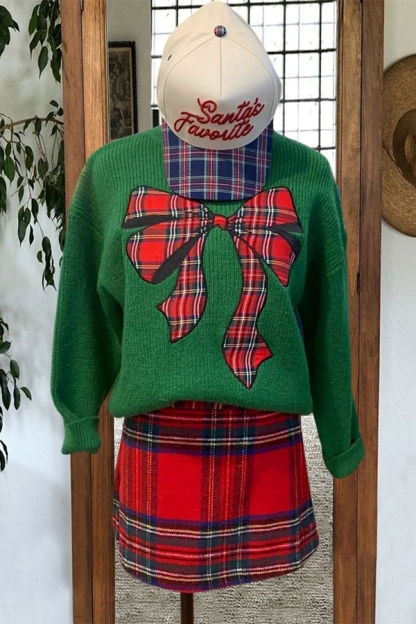 Classic Christmas Plaid Bow Sweater