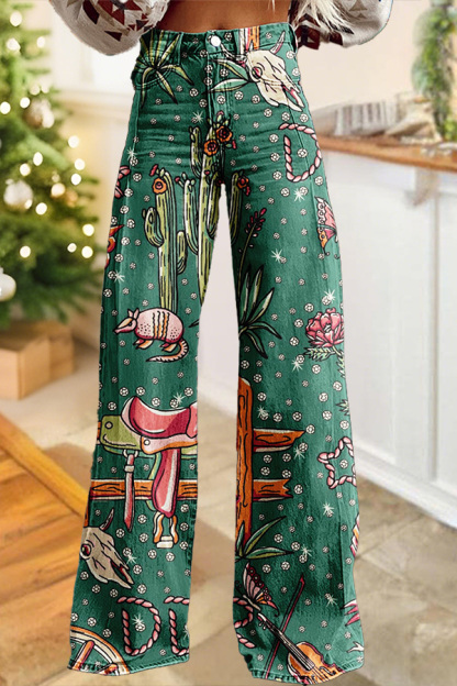 Western Cactus Bull Head Wide-Leg Pants