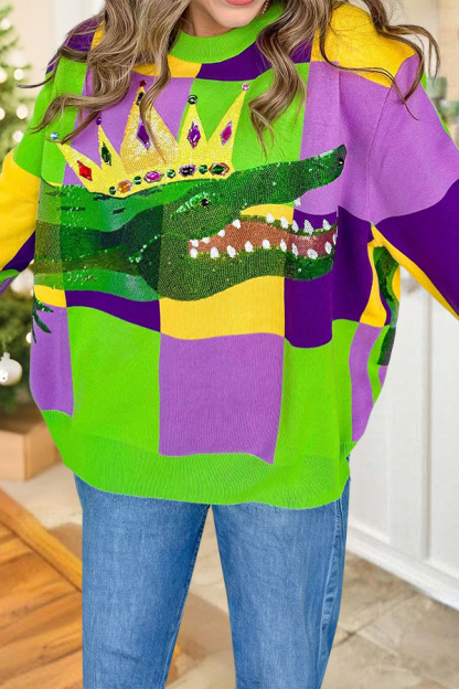 Mardi Gras Checkered Crocodile Sweater