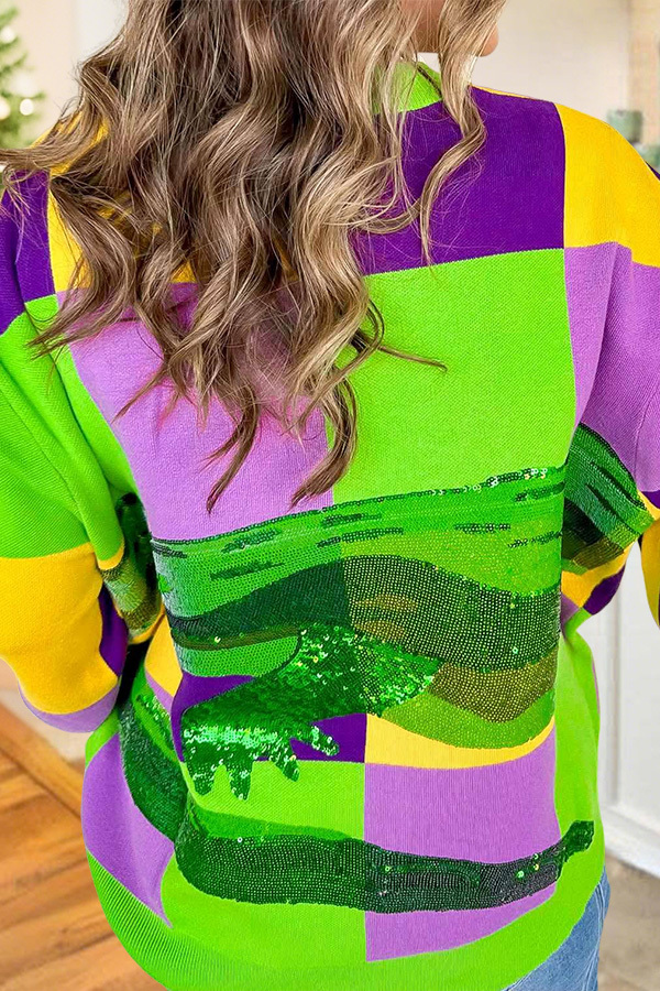 Mardi Gras Checkered Crocodile Sweater