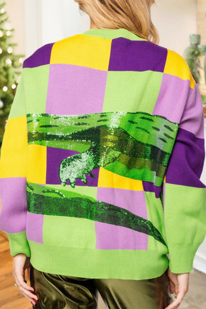 Mardi Gras Checkered Crocodile Sweater