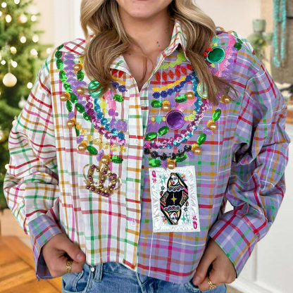 Mardi Gras Color-Blocked Plaid Beaded Shirt
