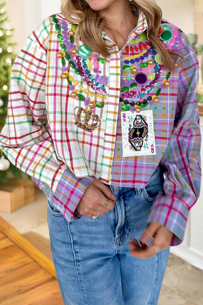 Mardi Gras Color-Blocked Plaid Beaded Shirt