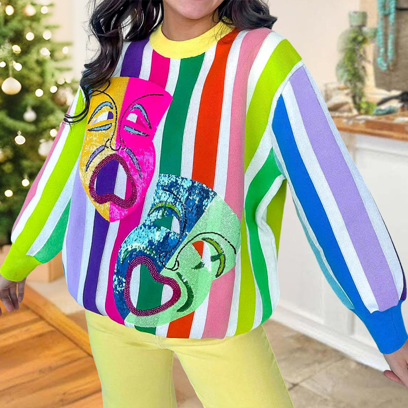 Mardi Gras Mask Striped Sweater