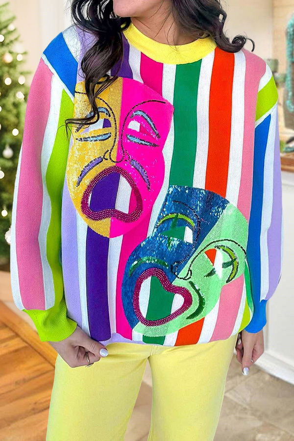 Mardi Gras Mask Striped Sweater
