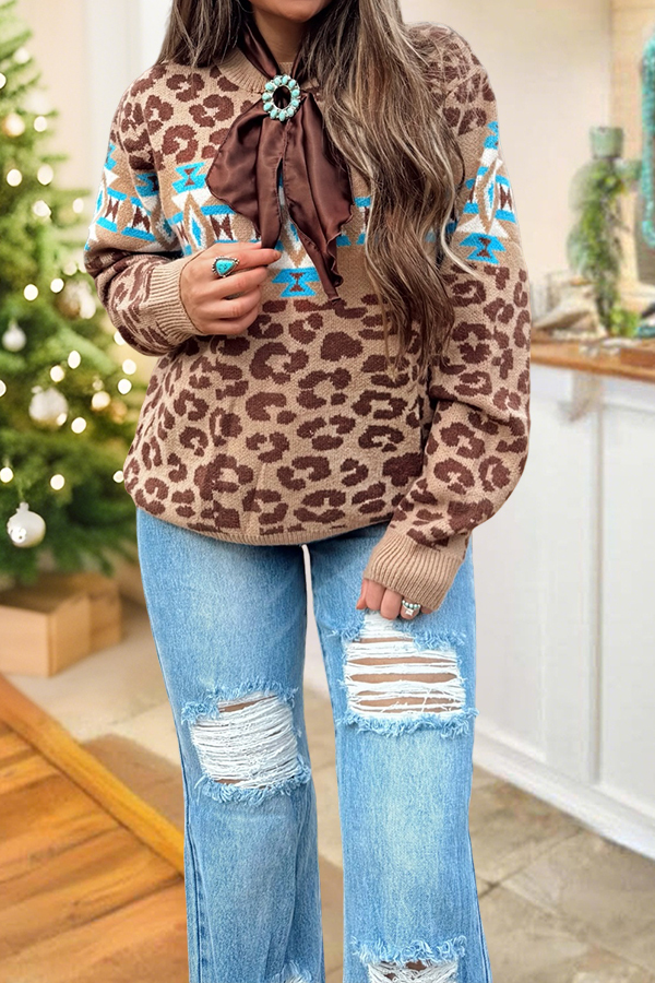 Western Aztec Leopard Print Sweater