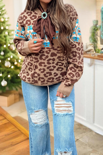 Western Aztec Leopard Print Sweater