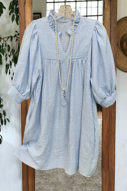 Striped V-Neck Puff-Sleeved Mini Dress