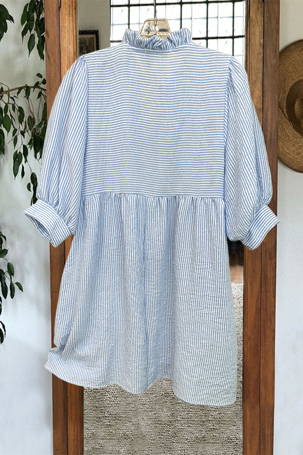 Striped V-Neck Puff-Sleeved Mini Dress