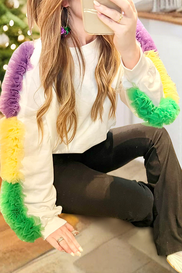 Mardi Gras Sheer Ruffled Sleeve Sweatshirt