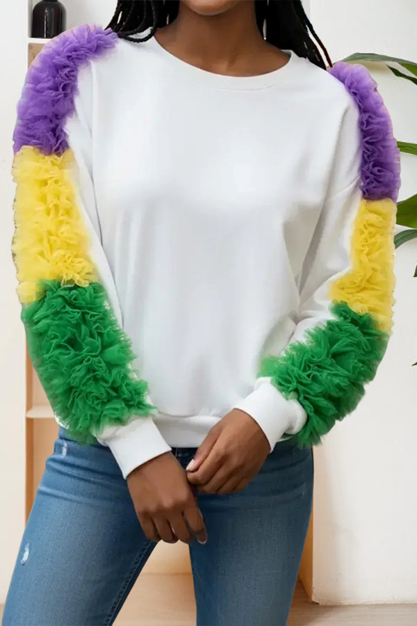 Mardi Gras Sheer Ruffled Sleeve Sweatshirt