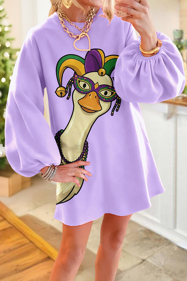 Mardi Gras Goose Print Puff Sleeves Dress