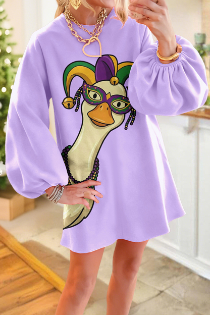 Mardi Gras Goose Print Puff Sleeves Dress