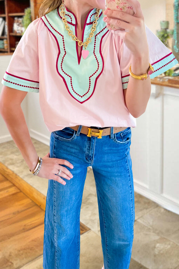 Pink And Blue Wide Sleeve V Neck Top