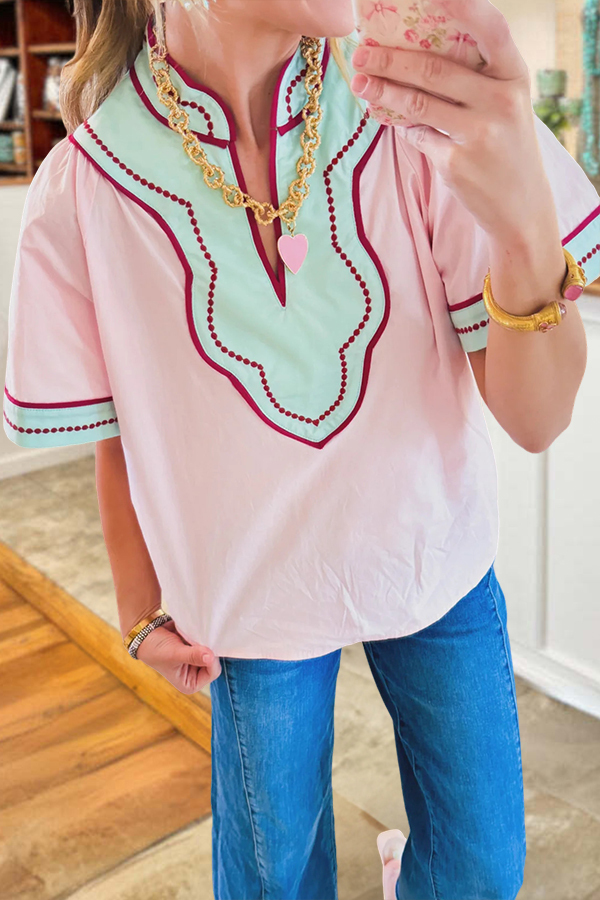 Pink And Blue Wide Sleeve V Neck Top