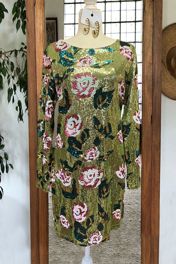 Sparkly Sequined Floral Mini Dress