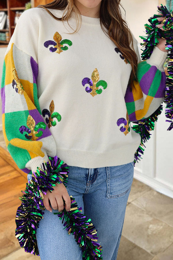 Mardi Gras Iris Checkered Sweater